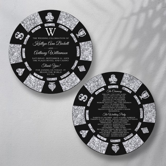 Silver Glitter Monogram Poker Chip Casino Wedding Programme (Creator Uploaded)
