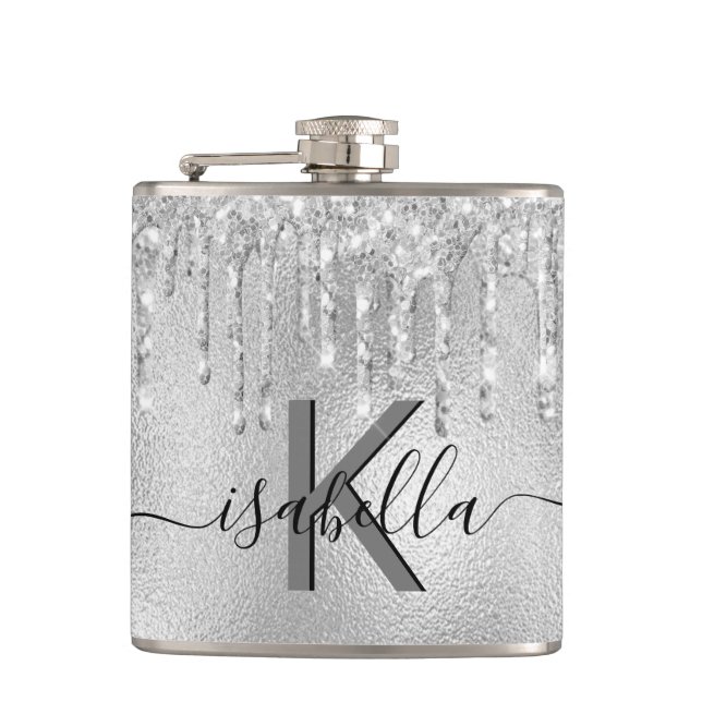Silver glitter monogram script hip flask (Front)