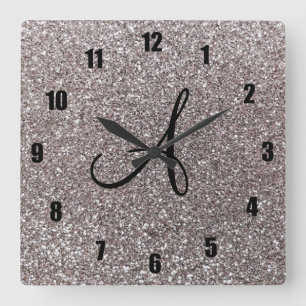 Silver glitter monogram square wall clock