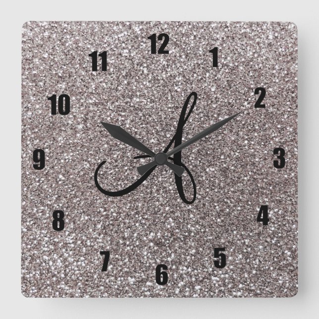 Silver glitter monogram square wall clock (Front)