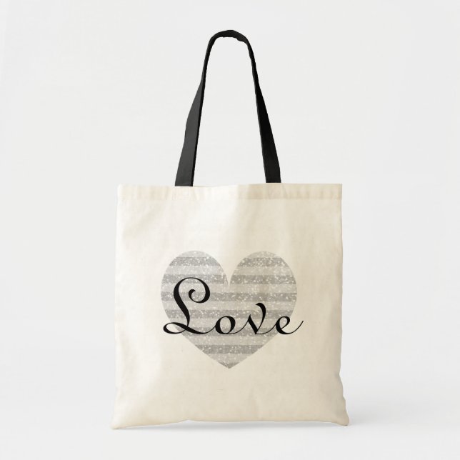 Silver glitter monogram stripe love heart tote bag (Front)