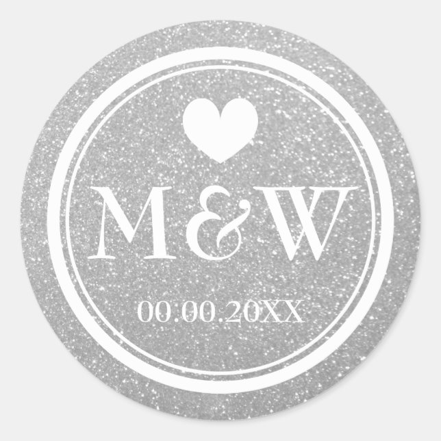 Silver glitter monogram wedding favour stickers (Front)