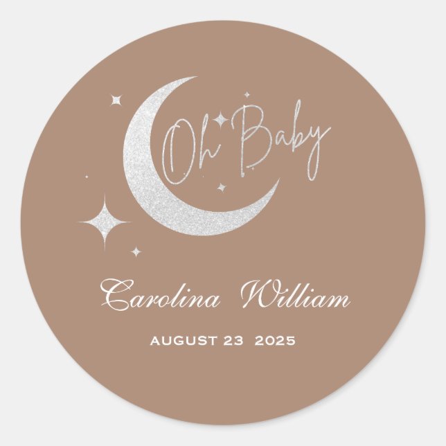 Silver glitter moon and stars oh baby shower classic round sticker (Front)