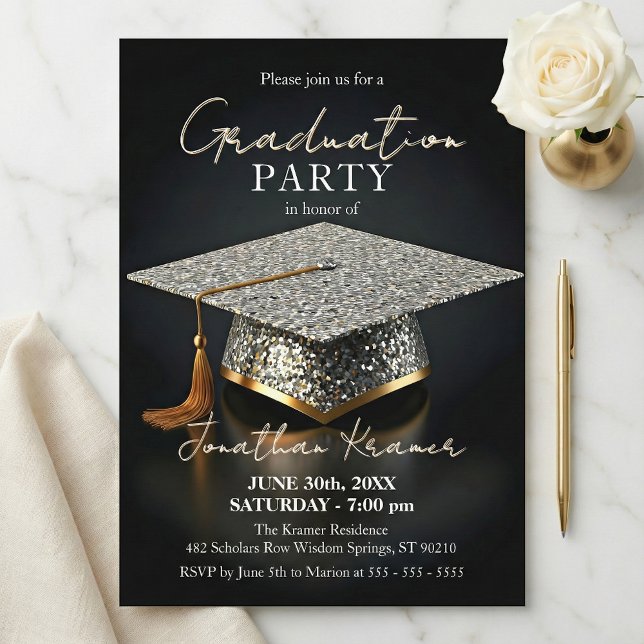 Silver Glitter Mosaic Black Gold Graduation Party Invitation (Creator Uploaded)