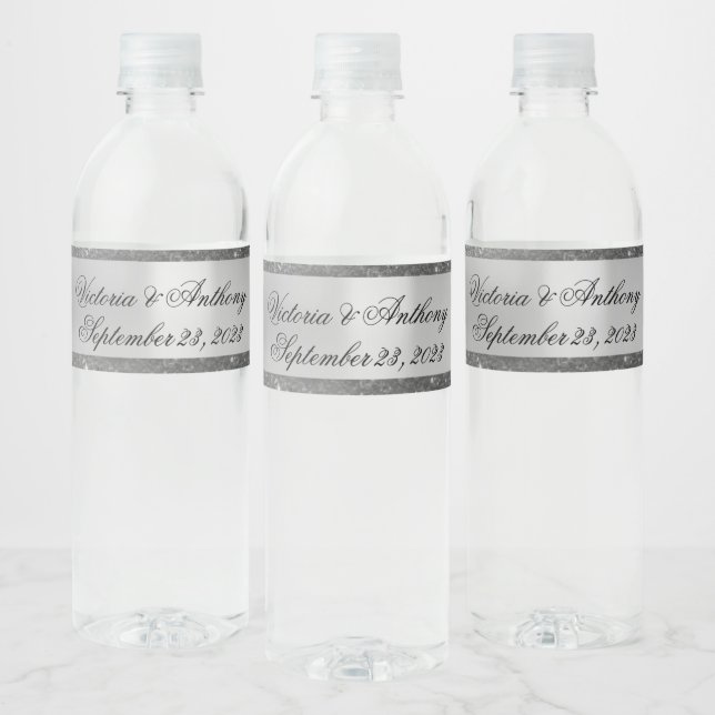 Silver Glitter Name Date Script Wedding  Water Bottle Label (Bottles)