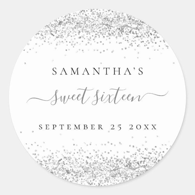 Silver Glitter Name Date Sweet Sixteen Party Classic Round Sticker (Front)