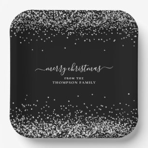 Silver Glitter Name Merry Christmas Black Paper Plate