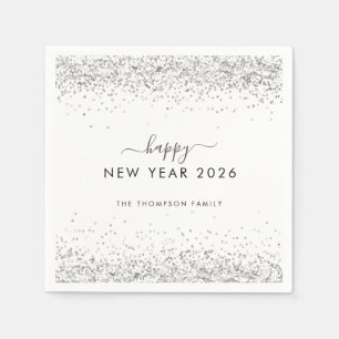 Silver Glitter Name White Happy New Year 2026 Napkin