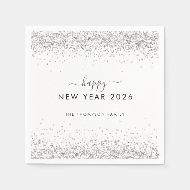 Silver Glitter Name White Happy New Year 2026 Napkin (Front)