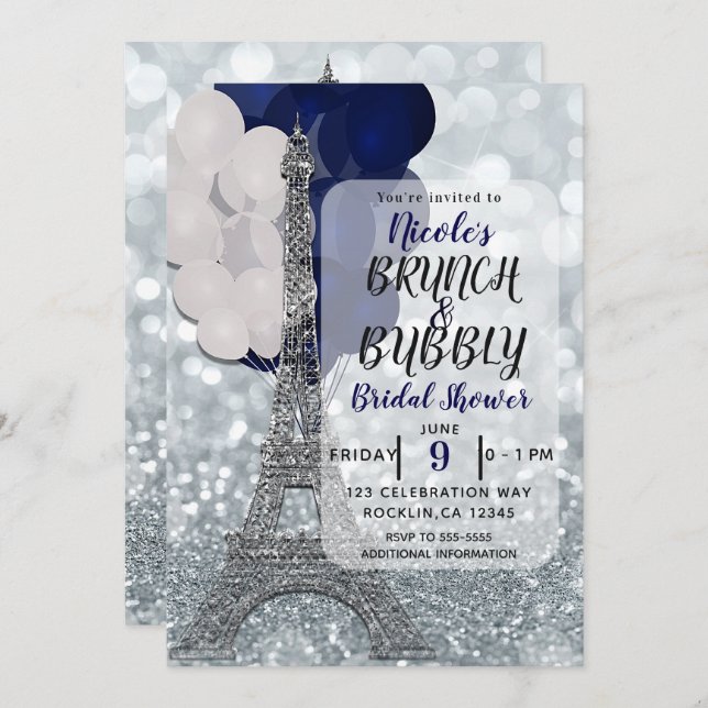 Silver Glitter Navy Balloons Eiffel Tower Paris Invitation (Front/Back)