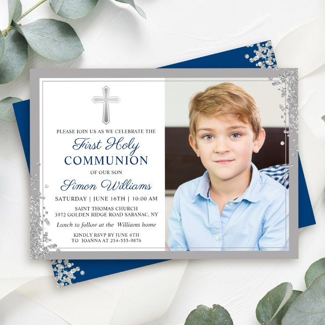 Silver Glitter Navy Blue 1st Holy Communion Photo Invitation (Creator Uploaded)