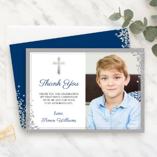 Silver Glitter Navy Blue Communion Thank you Card