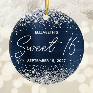Silver Glitter Navy Blue Fancy Sweet 16 Photo Ceramic Tree Decoration