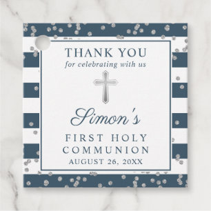 Silver Glitter Navy Blue First Communion Thank You Favour Tags
