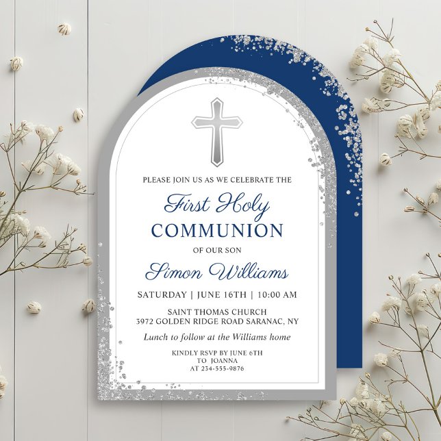 Silver Glitter Navy Blue First Holy Communion Arch Invitation (Creator Uploaded)