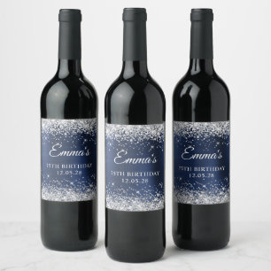 Silver Glitter Navy Blue Foil 75th Birthday Wine Label