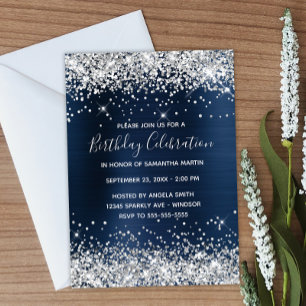 Silver Glitter Navy Blue Foil Birthday Celebration Invitation
