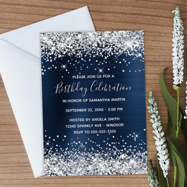 Silver Glitter Navy Blue Foil Birthday Celebration Invitation (Create your own navy blue birthday invitatoin.)