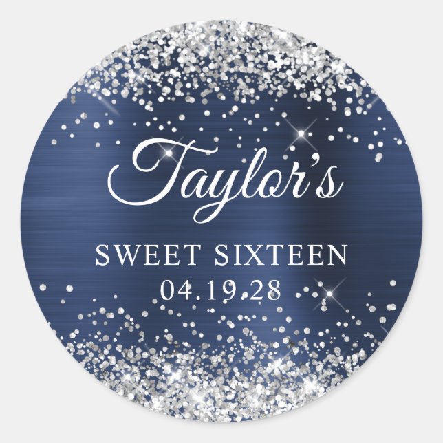 Silver Glitter Navy Blue Foil Sweet Sixteen Classic Round Sticker (Front)