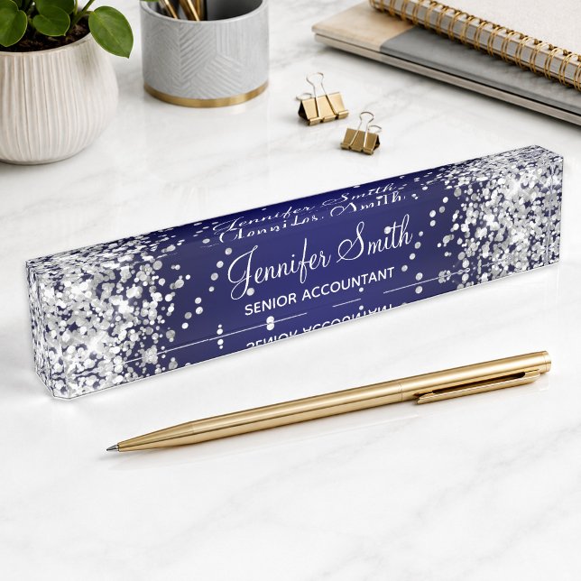 Silver Glitter Navy Blue Gradient Nameplate (Silver Glitter Navy Blue Gradient Desk Name Plate)