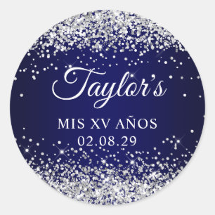 Silver Glitter Navy Blue Mis XV Anos Classic Round Sticker