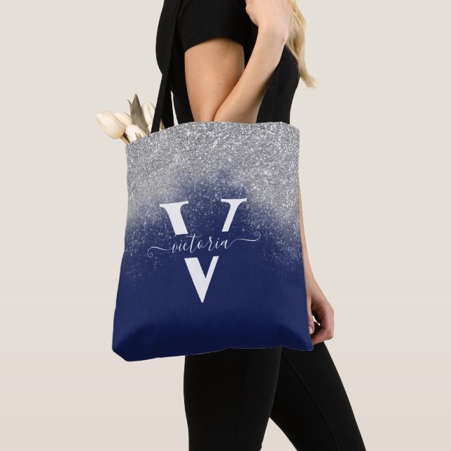 Silver Glitter Navy Blue Monogram Trendy Custom Tote Bag (Close Up)