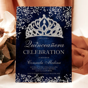 Silver glitter navy blue photo tiara Quinceañera Invitation