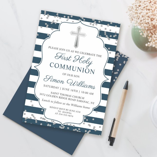 Silver Glitter Navy Blue Stripes First Communion Invitation (Creator Uploaded)