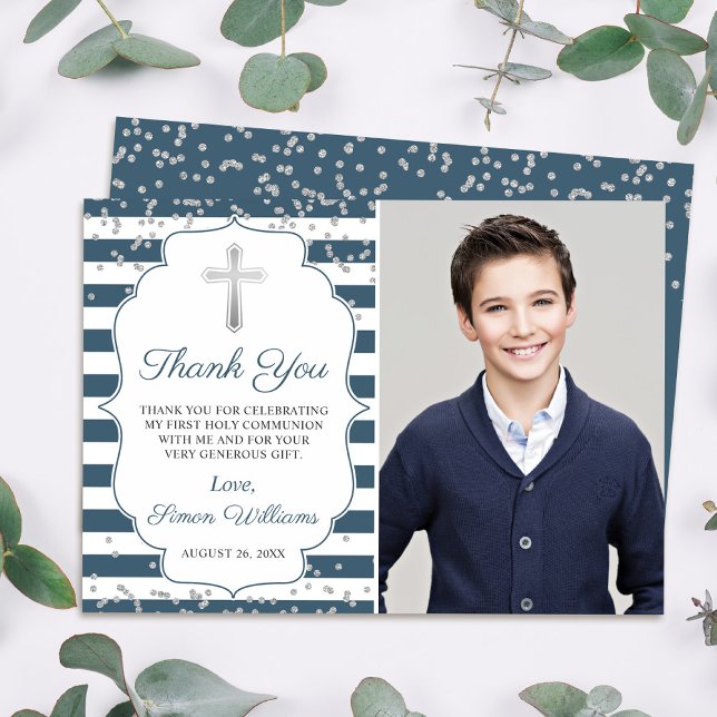 Silver Glitter Navy Blue Stripes First Communion Thank You Card (Creator Uploaded)