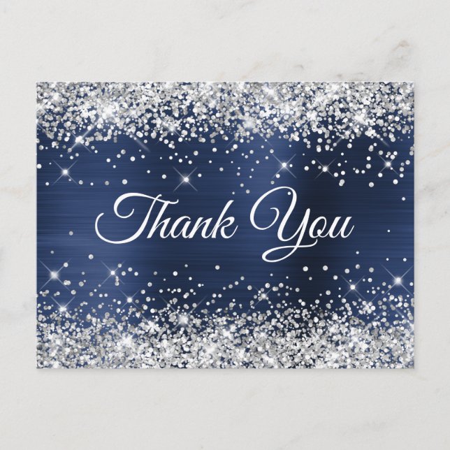 Silver Glitter Navy Foil 75th Birthday Thank You Postcard (Front)