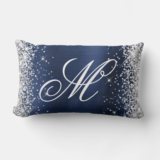 Silver Glitter Navy Foil Fancy Monogrammed Lumbar Cushion (Front)