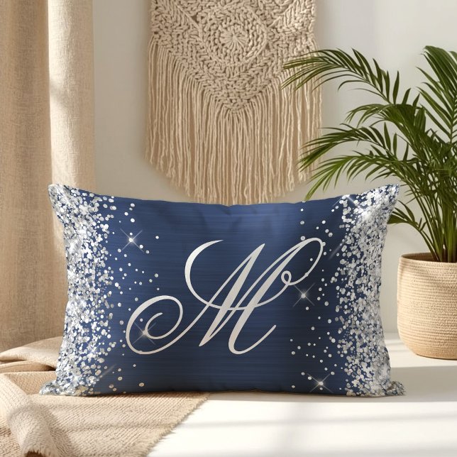 Silver Glitter Navy Foil Fancy Monogrammed Lumbar Cushion (Silver Glitter Navy Foil Fancy Monogrammed Lumbar Pillow
)