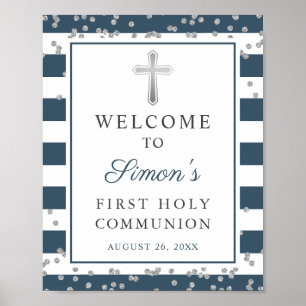 Silver Glitter Navy Strip First Communion Welcome Poster