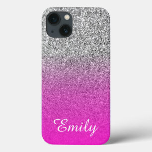 Silver Glitter Neon Pink Ombre Personalised iPhone 13 Case