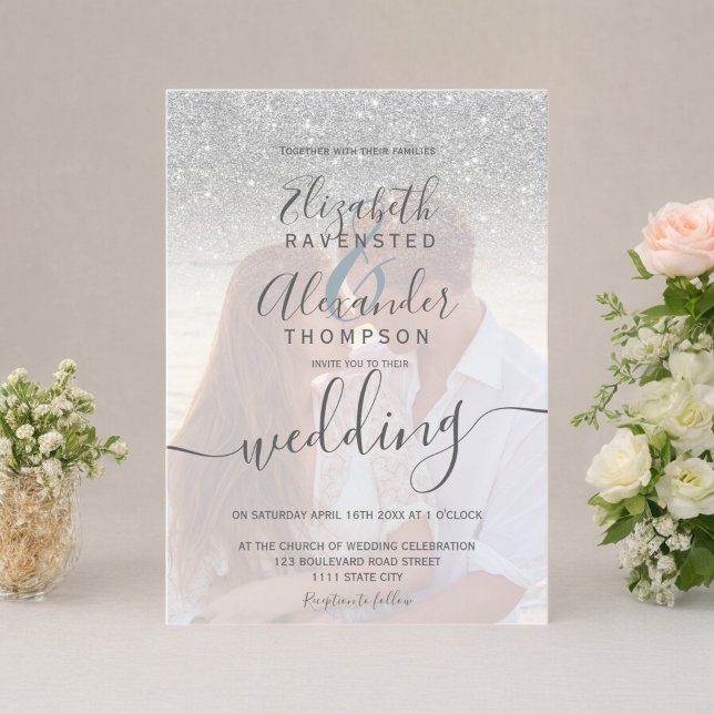 Silver glitter ombre blue script photo wedding invitation (Silver glitter ombre blue script photo wedding invitation)