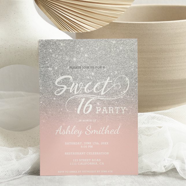 Silver glitter ombre blush pink Sweet 16 Invitation (Creator Uploaded)