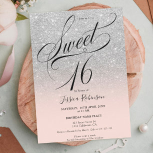 Silver glitter ombre chic script pink Sweet 16 Invitation