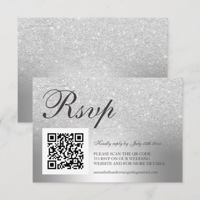 Silver glitter ombre foil RSVP Qr code wedding Card (Front/Back)