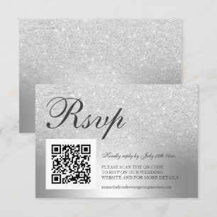 Silver glitter ombre foil RSVP Qr code wedding Card
