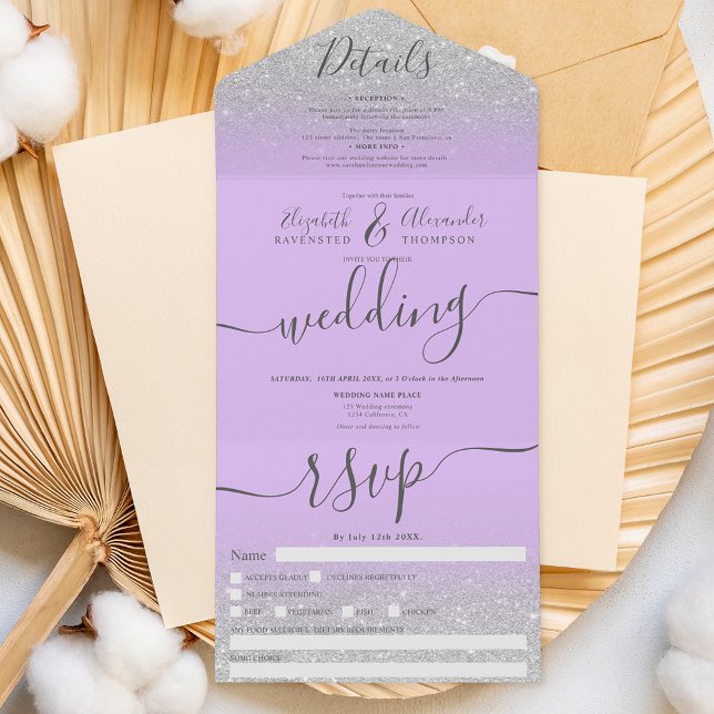 Silver glitter ombre lavender script wedding  all in one invitation (Creator Uploaded)