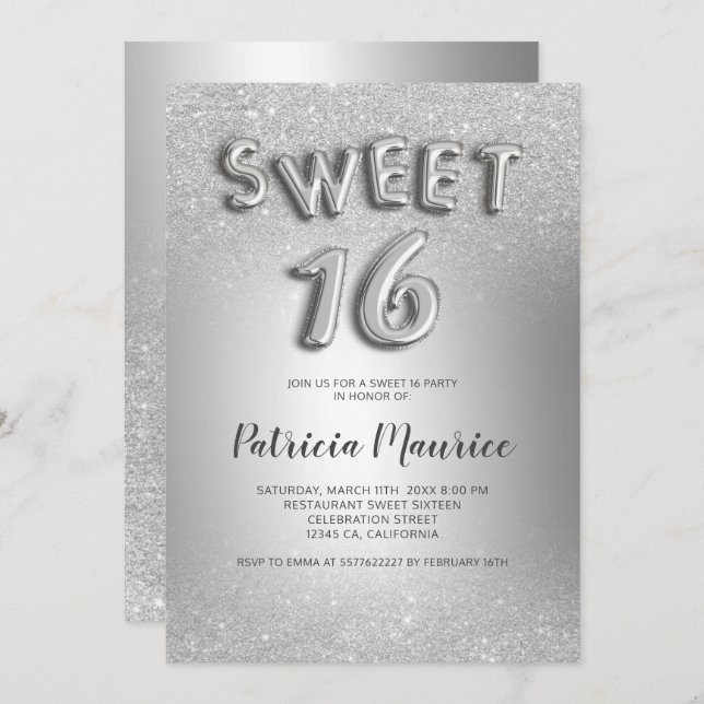 Silver glitter ombre letters grey foil sweet 16 invitation (Front/Back)