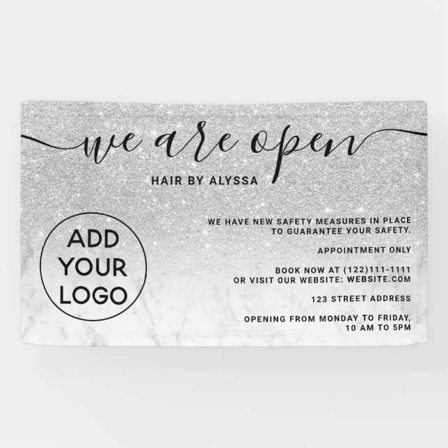 Silver glitter ombre logo marble We're open Banner (Horizontal)
