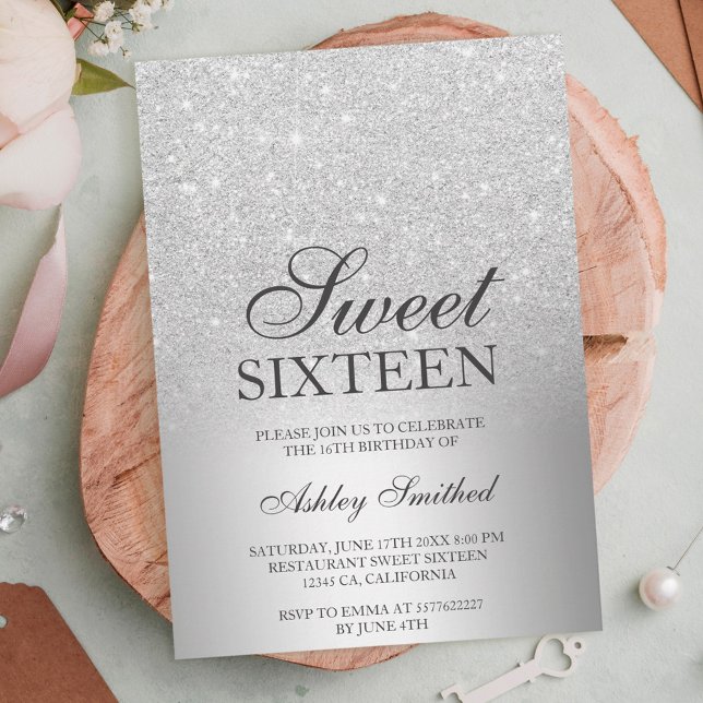 Silver glitter ombre metallic chic Sweet 16 Invitation (Creator Uploaded)