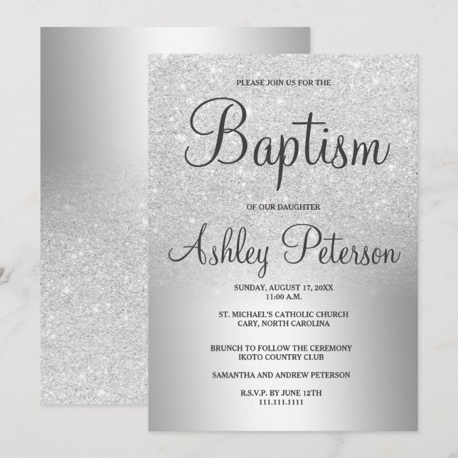 Silver glitter ombre metallic foil baptism invitation (Front/Back)
