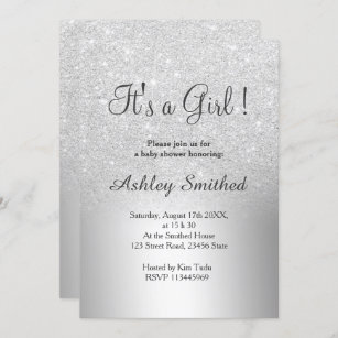 Silver glitter ombre metallic girl baby shower invitation