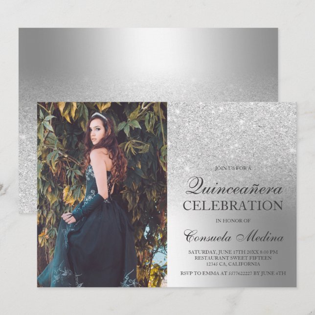 Silver glitter ombre metallic photo Quinceañera Invitation (Front/Back)