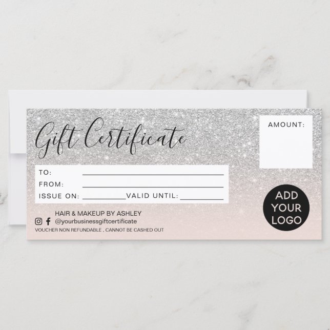 Silver glitter ombre pink gift certificate logo (Front)