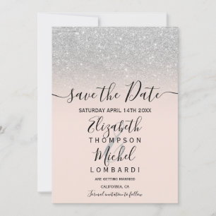 Silver glitter ombre script blush save the date