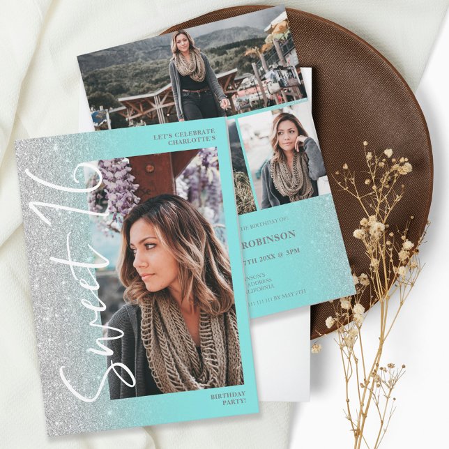 Silver glitter ombre script teal 4 photos Sweet 16 Invitation (Creator Uploaded)