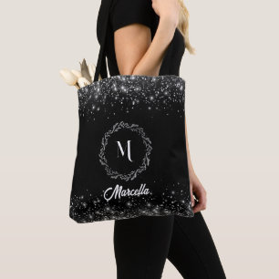 Silver Glitter On Black Background Christmas Tote Bag